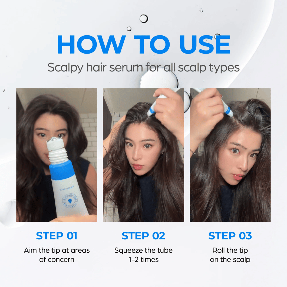 Une femme applique Seapuri Scalpy Hair Serum sur le cuir chevelu. Un guide étape par étape montre comment diriger, appuyer et faire rouler l'applicateur pour de meilleurs résultats.
