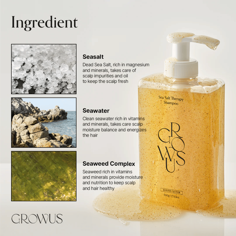 Ingrédients dans GROWUS Sea Salt Therapy Shampoo avec sel marin, eau de mer et complexe d'algues pour le cuir chevelu