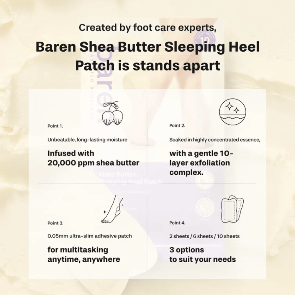 BAREN Shea Butter Sleeping Heel Patch – patch pour talon avec 20 000 ppm de beurre de karité et complexe exfoliant