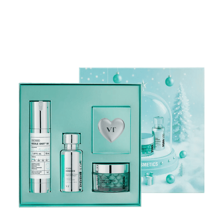 VT Cosmetics Shining Holiday Set – boîte cadeau élégante avec Reedle Shot 100, PDRN Essence, PDRN Capsule Cream et porte-clés.