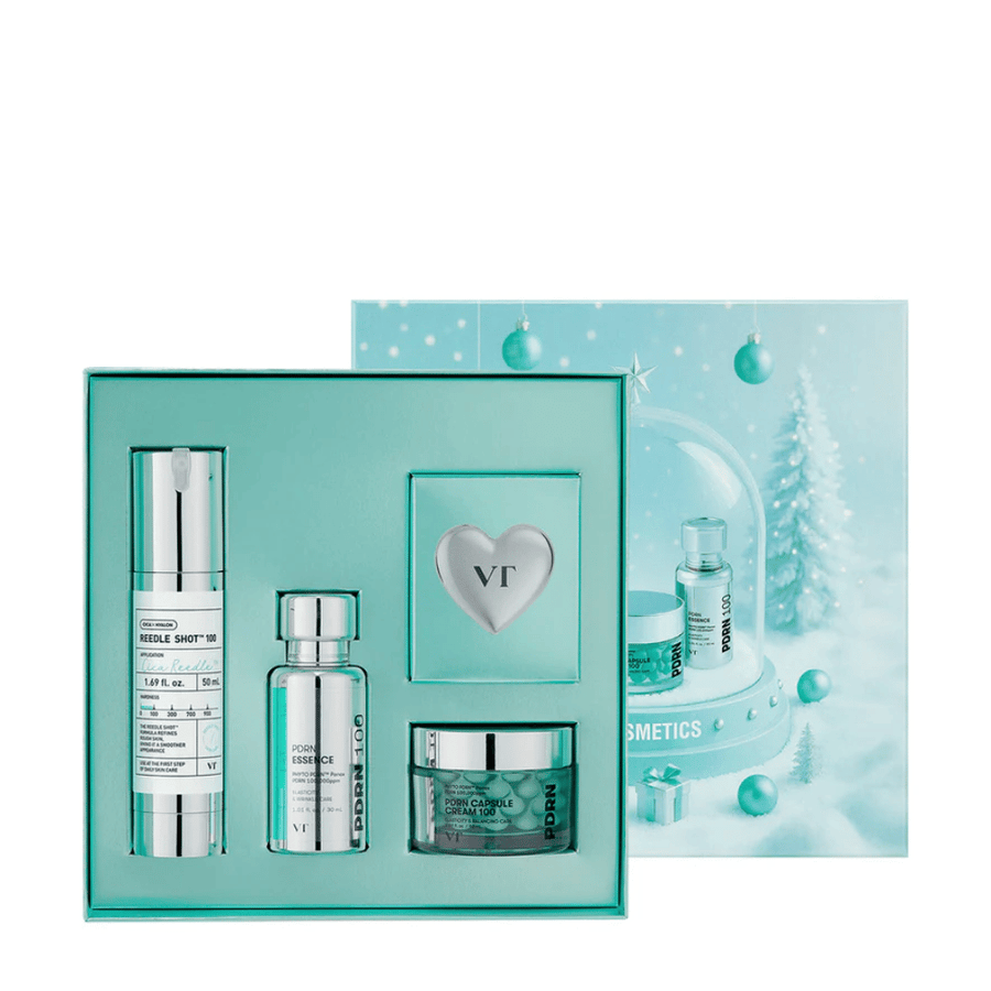 VT Cosmetics Shining Holiday Set – boîte cadeau élégante avec Reedle Shot 100, PDRN Essence, PDRN Capsule Cream et porte-clés.