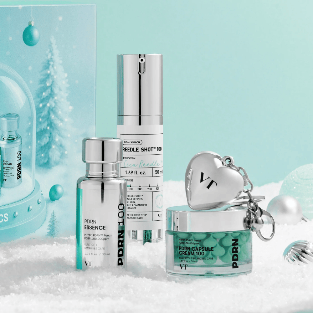VT Cosmetics Shining Holiday Set – luxueux Kit de soin de la peau avec PDRN Essence, Reedle Shot 100 et PDRN Capsule Cream dans un design inspiré de l'hiver.