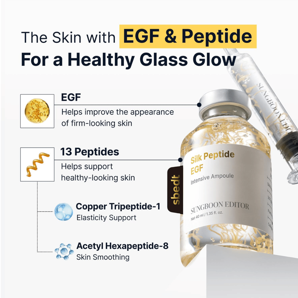 Silk Peptide EGF Intensive Ampoule contient de l’EGF, 13 peptides ainsi que du cuivre tripeptide-1 et de l’acétyl hexapeptide-8 qui, ensemble, aident à soutenir l’élasticité de la peau, à améliorer l’apparence de la peau et à procurer un éclat naturel.
