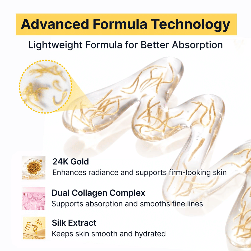 Silk Peptide EGF Intensive Ampoule combine de l’or 24K, de l’extrait de soie et un complexe de double collagène pour apporter à la peau éclat, hydratation et une sensation de fermeté, tandis que sa formule légère est rapidement absorbée.