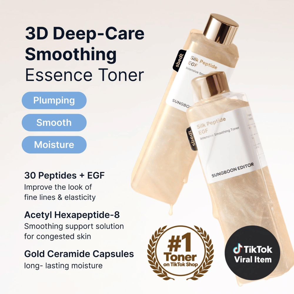 SUNGBOON EDITOR Silk Peptide EGF Intensive Smoothing Toner – essence toner avec des peptides, EGF et des céramides