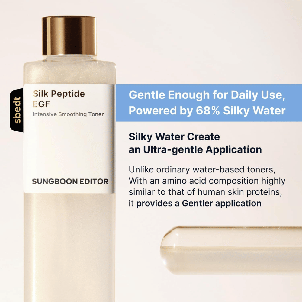 SUNGBOON EDITOR Silk Peptide EGF Intensive Smoothing Toner – toner visage doux avec 68 % de silky water pour une utilisation quotidienne