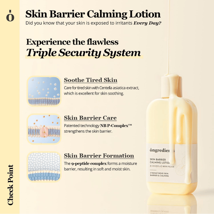 Ongredients Skin Barrier Calming Lotion avec Centella Asiatica et des peptides qui apaisent la peau, renforcent la barrière cutanée et procurent une hydratation durable.