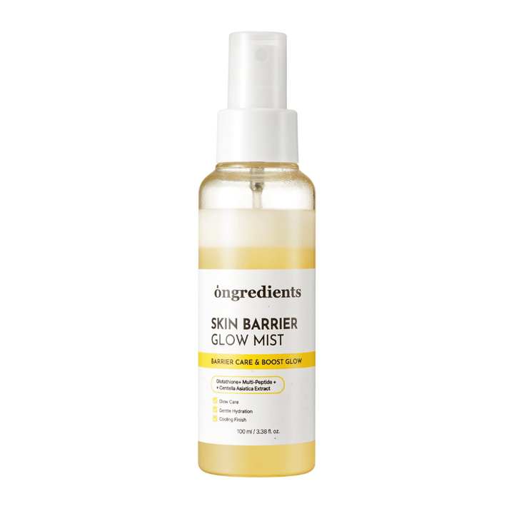 Ongredients Skin Barrier Glow Mist spray visage à formule biphasée qui hydrate la peau, renforce la barrière cutanée et apporte un éclat naturel.