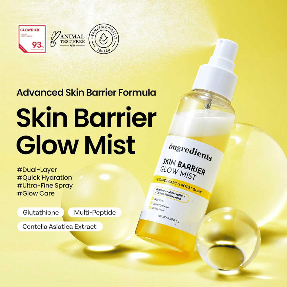 Ongredients Skin Barrier Glow Mist spray visage de 100 ml avec céramides, peptides et Centella Asiatica pour l’hydratation et un effet renforçant la barrière cutanée.