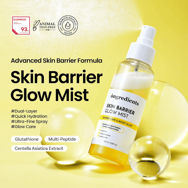Ongredients Skin Barrier Glow Mist spray visage de 100 ml avec céramides, peptides et Centella Asiatica pour l’hydratation et un effet renforçant la barrière cutanée.