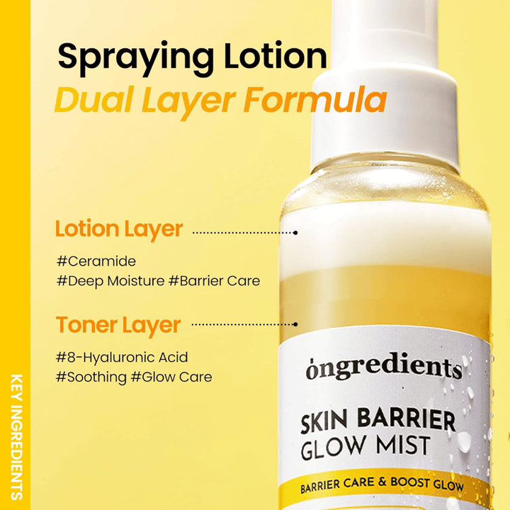 Ongredients Skin Barrier Glow Mist spray visage biphasé avec acide hyaluronique et céramides qui procure une hydratation profonde et protège la barrière cutanée.