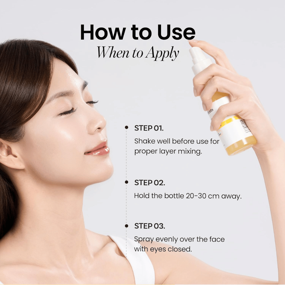 Ongredients Skin Barrier Glow Mist s’utilise comme spray visage à 20–30 cm de la peau pour une hydratation rapide, de l’éclat et un effet rafraîchissant pendant la journée.