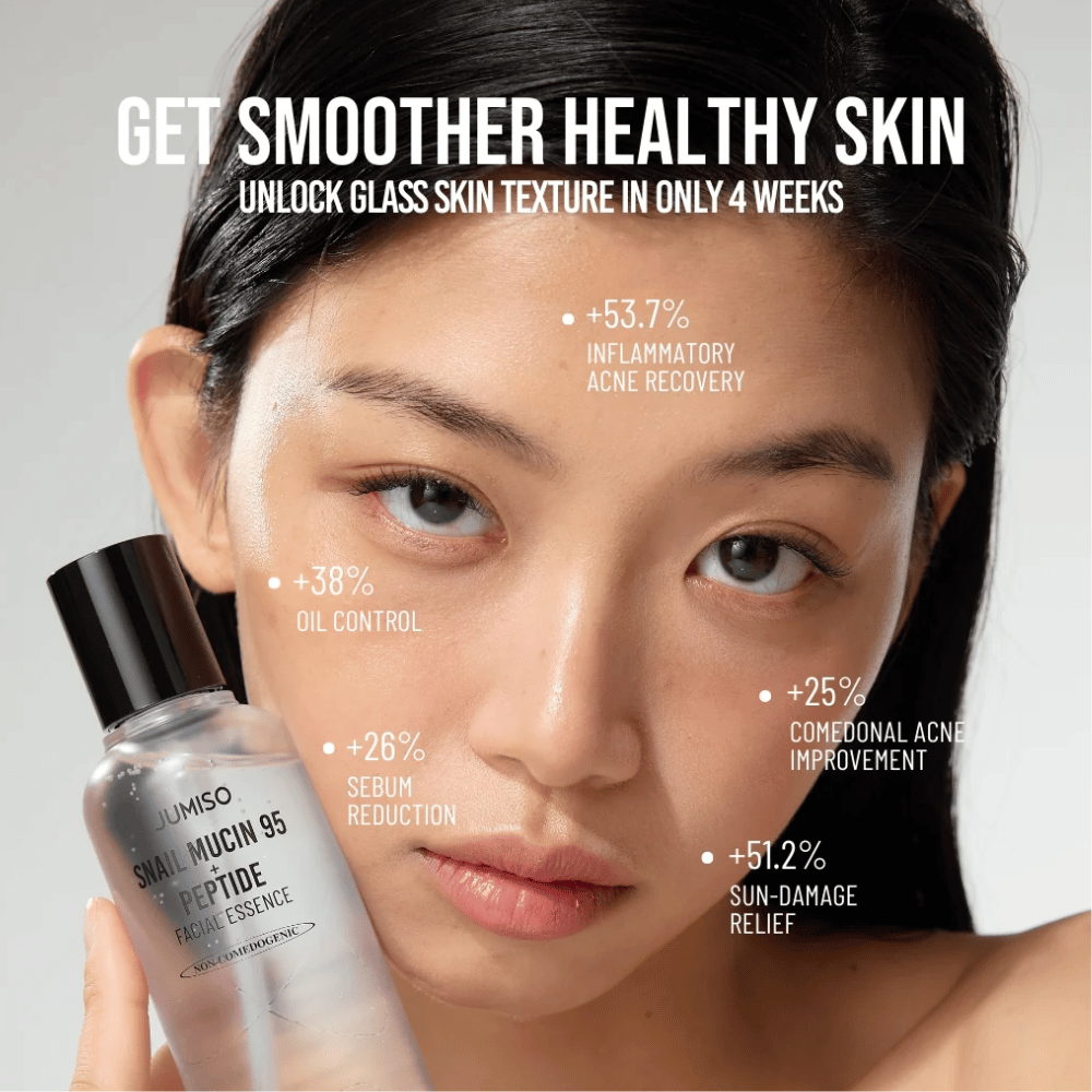 Femme au teint uniforme tenant Jumiso Snail Mucin 95 + Peptide Facial Essence. Le texte montre des améliorations telles que la réduction de l'acné, moins de sébum et une récupération cutanée accrue.