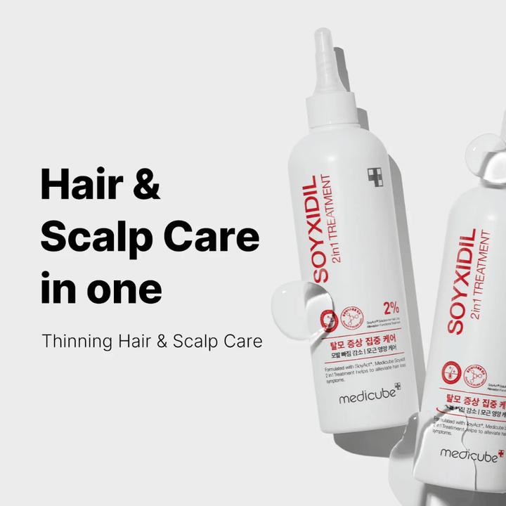Medicube Soyxidil 2in1 Treatment visas med texten ”Hair & Scalp Care in one – Thinning Hair & Scalp Care”. För starkare hår och friskare hårbotten.