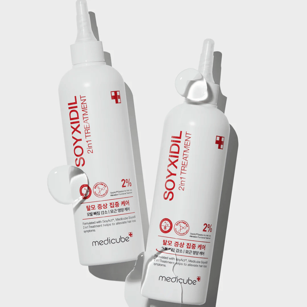 Deux bouteilles de Medicube Soyxidil 2in1 Treatment avec texte clair ”2% SoyAct™ Solution”. Traitement nourrissant contre la perte de cheveux et le cuir chevelu sec.