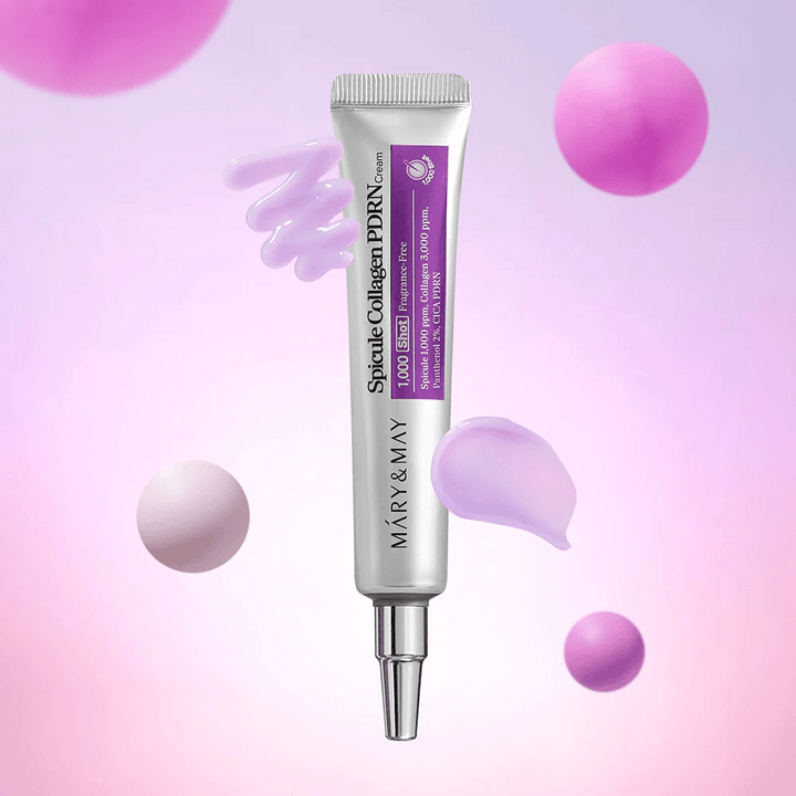 Mary & May Spicule Collagen PDRN Cream avec texture crème, soins de la peau coréens avancés qui stimulent le renouvellement cellulaire et raffermissent la peau.