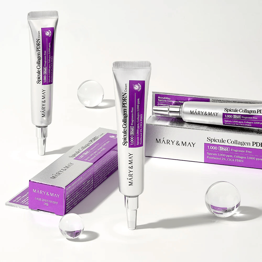Mary & May Spicule Collagen PDRN Cream en tube avec emballage, soins de la peau coréens avec spicule, collagène et PDRN pour le renouvellement de la peau et l'amélioration de l'élasticité.