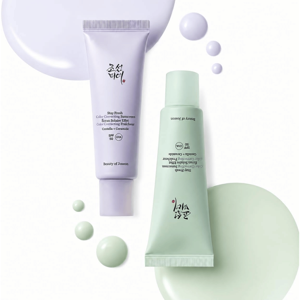 3. Beauty of Joseon Stay Fresh Color Correcting Sunscreen SPF 50 – écran solaire vert et violet avec échantillons de couleur