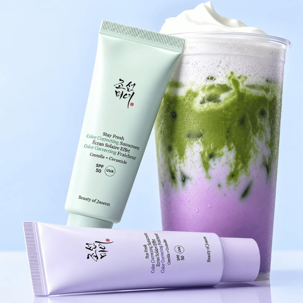 1. Beauty of Joseon Stay Fresh Color Correcting Sunscreen SPF 50 – écran solaire vert et violet avec boisson assortie