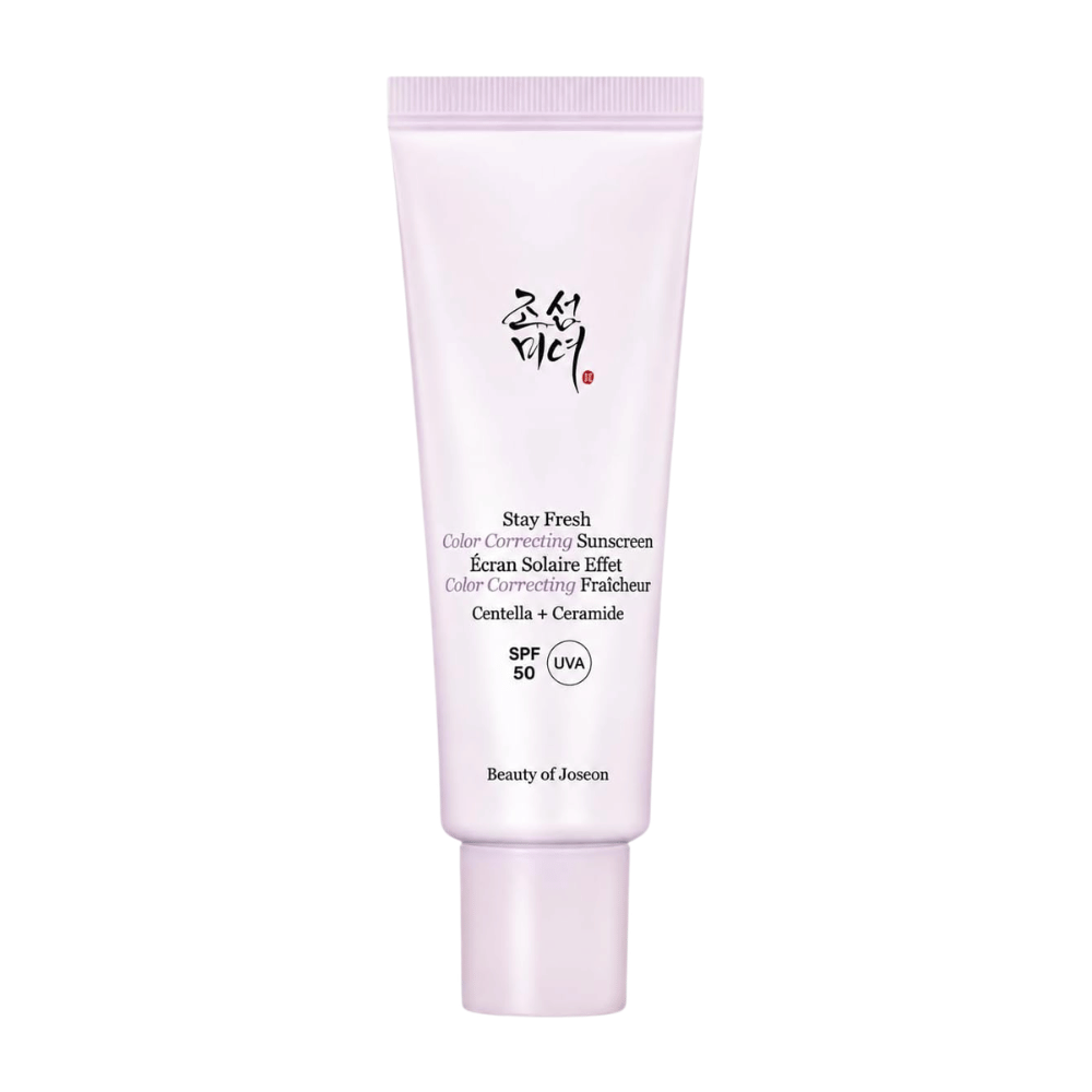 4. Beauty of Joseon Stay Fresh Color Correcting Sunscreen SPF 50 – écran solaire correcteur de couleur violet sur fond blanc