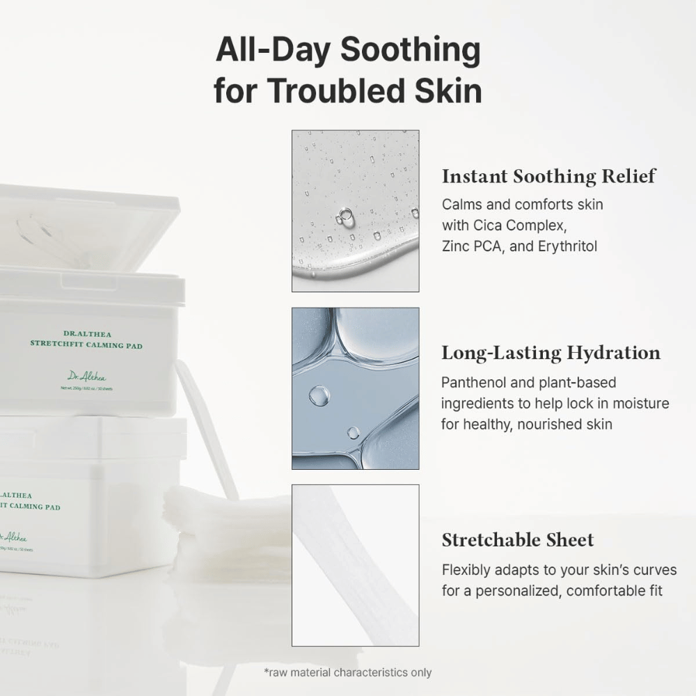 Image – effet / avantages (conversion)
Dr. Althea Stretchfit Calming Pad qui offre une hydratation longue durée, réduit l’irritation et rafraîchit la peau sensible toute la journée.