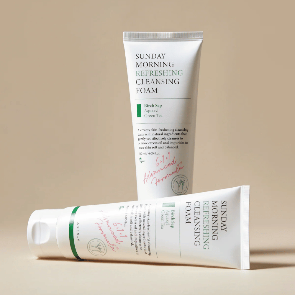 AXIS-Y Sunday Morning Refreshing Cleansing Foam avec deux produits et des ingrédients naturels