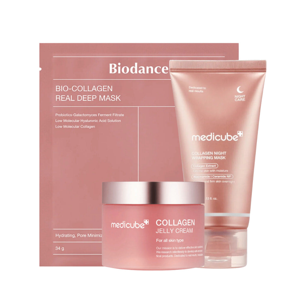 Le coffret de produits "Sweet Dreams Skincare" de Medicube, conçu pour améliorer la fermeté et l'éclat de la peau pendant la nuit. Il inclut "Collagen Jelly Cream", "Collagen Night Wrapping Mask" et "Bio-Collagen Real Deep Mask". Ces produits sont enrichis en collagène, probiotiques et acide hyaluronique, et sont destinés à hydrater et à minimiser les pores, offrant ainsi une peau douce et souple.