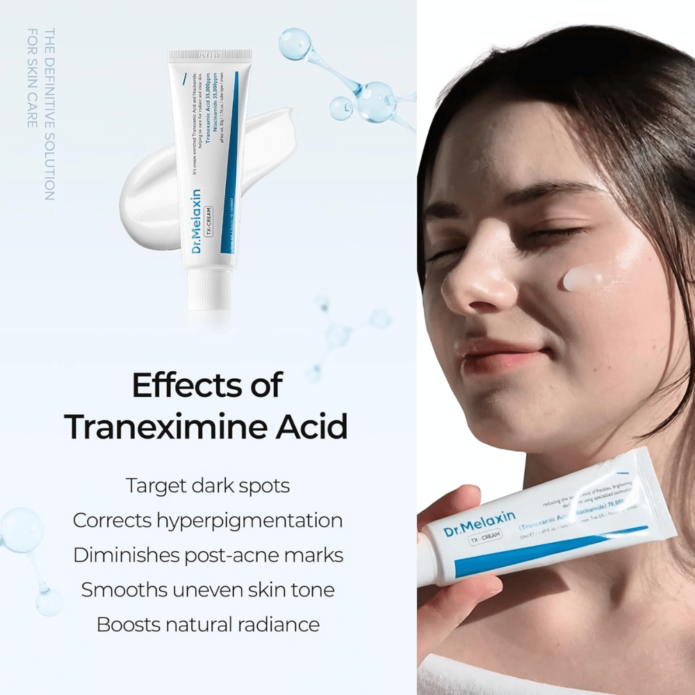 Soin de la peau à l’acide tranexamique qui réduit l’hyperpigmentation, les cicatrices d’acné et les taches brunes, tout en offrant une peau plus uniforme et plus éclatante