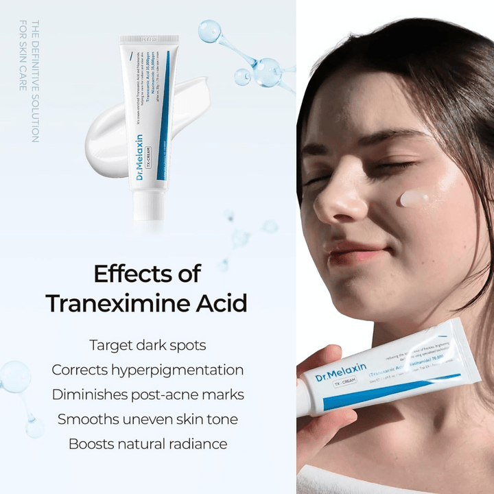 Soin de la peau à l’acide tranexamique qui réduit l’hyperpigmentation, les cicatrices d’acné et les taches brunes, tout en offrant une peau plus uniforme et plus éclatante
