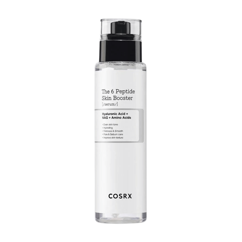 Bouteille de sérum de soins de la peau "The 6 Peptide Skin Booster" avec de l'acide hyaluronique et des acides aminés de COSRX.