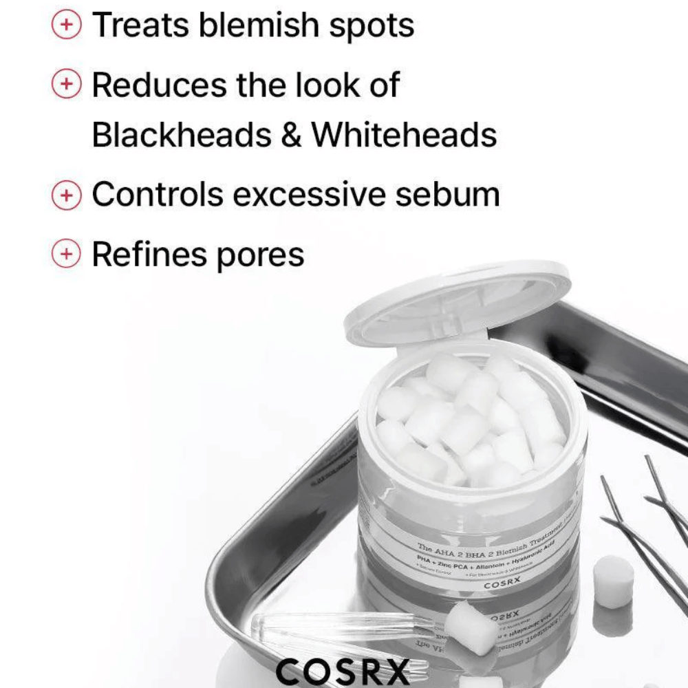 COSRX AHA 2 BHA 2 Blemish Treatment est efficace pour traiter les boutons, réduire la visibilité des points noirs et des comédons blancs, contrôler l'excès de sébum et affiner les pores. Parfait pour une peau plus claire.