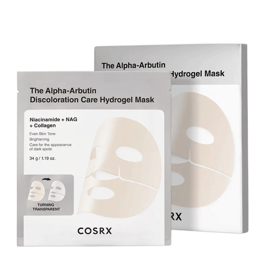 COSRX Alpha-Arbutin Discoloration Care Hydrogel Mask image produit – hydrogel sheet mask qui se concentre sur les taches pigmentaires, l'éclat et la clarté améliorée de la peau.