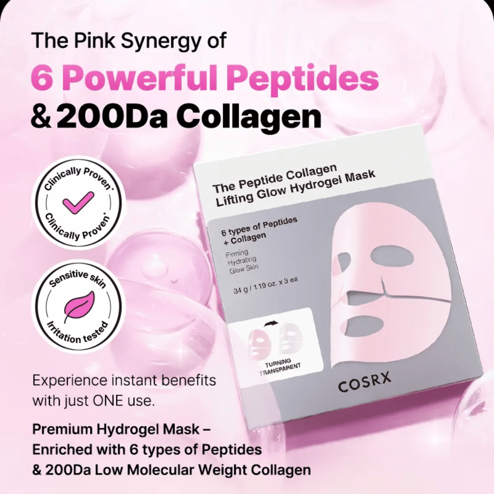 COSRX Peptide Collagen Mask – enrichi de 6 types de peptides et collagène, testé cliniquement pour les peaux sensibles.