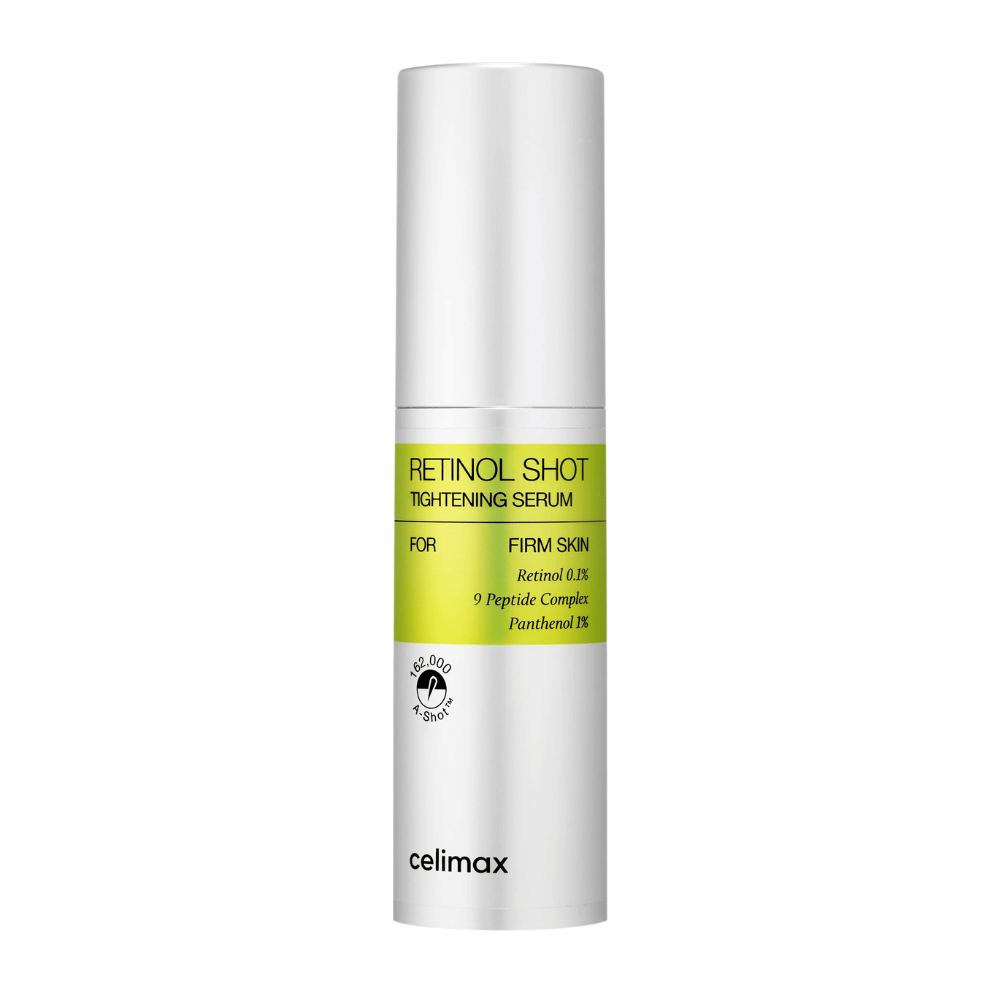 Celimax The Vita-A Retinol Shot Tightening Serum en flacon pompe argenté avec étiquette vert citron et texte noir.