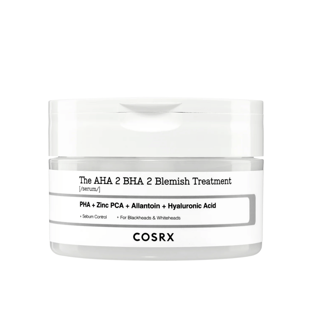 COSRX AHA 2 BHA 2 Blemish Treatment, un sérum avec PHA, zinc PCA, allantoïne et acide hyaluronique. Conçu pour contrôler la production de sébum et lutter contre les points noirs et les comédons blancs. Parfait pour améliorer la clarté de la peau.