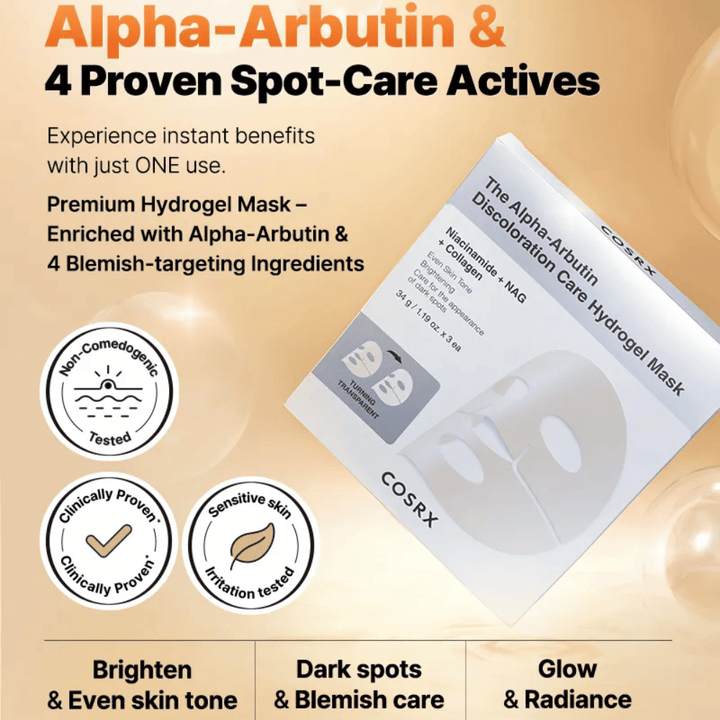 COSRX Alpha-Arbutin Discoloration Care Hydrogel Mask image produit – coréen sheet mask pour la pigmentation, l'éclat et l'hydratation intense.