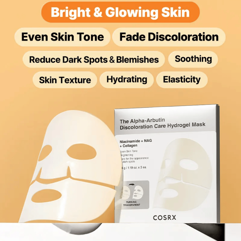 COSRX Alpha-Arbutin Hydrogel Mask – sheet mask qui donne de l'éclat, un teint plus uniforme, réduit les taches sombres et améliore l'élasticité de la peau.