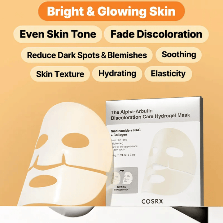 COSRX Alpha-Arbutin Hydrogel Mask – sheet mask qui donne de l'éclat, un teint plus uniforme, réduit les taches sombres et améliore l'élasticité de la peau.
