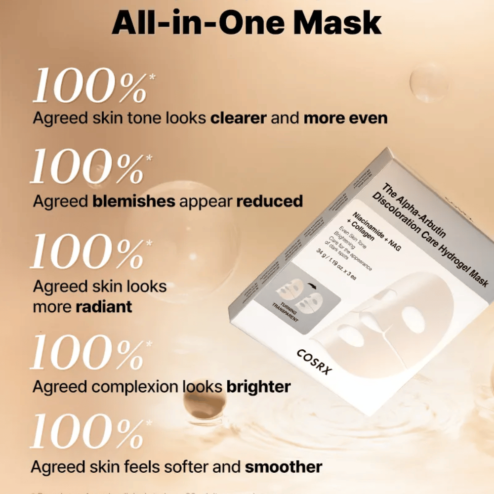 COSRX Alpha-Arbutin Discoloration Care Hydrogel Mask avec emballage – tout-en-un sheet mask pour l'éclat, un teint uniforme et une décoloration réduite.