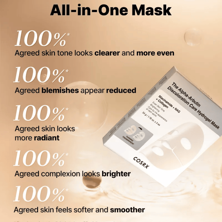 COSRX Alpha-Arbutin Discoloration Care Hydrogel Mask avec emballage – tout-en-un sheet mask pour l'éclat, un teint uniforme et une décoloration réduite.