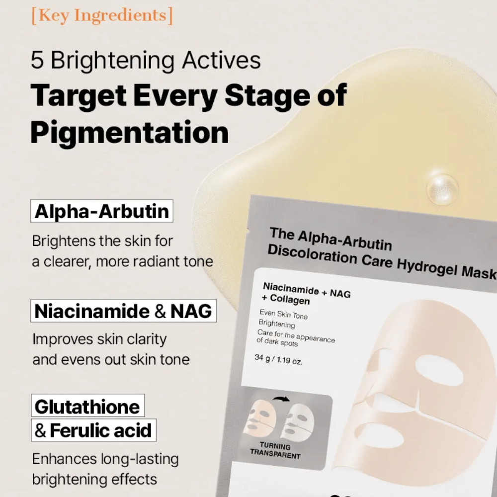 COSRX Alpha-Arbutin Discoloration Care Hydrogel Mask avec alpha-arbutine et niacinamide – sheet mask qui aide à réduire les taches pigmentaires et à uniformiser le teint.