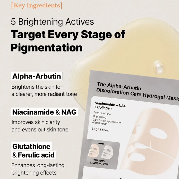 COSRX Alpha-Arbutin Discoloration Care Hydrogel Mask avec alpha-arbutine et niacinamide – sheet mask qui aide à réduire les taches pigmentaires et à uniformiser le teint.