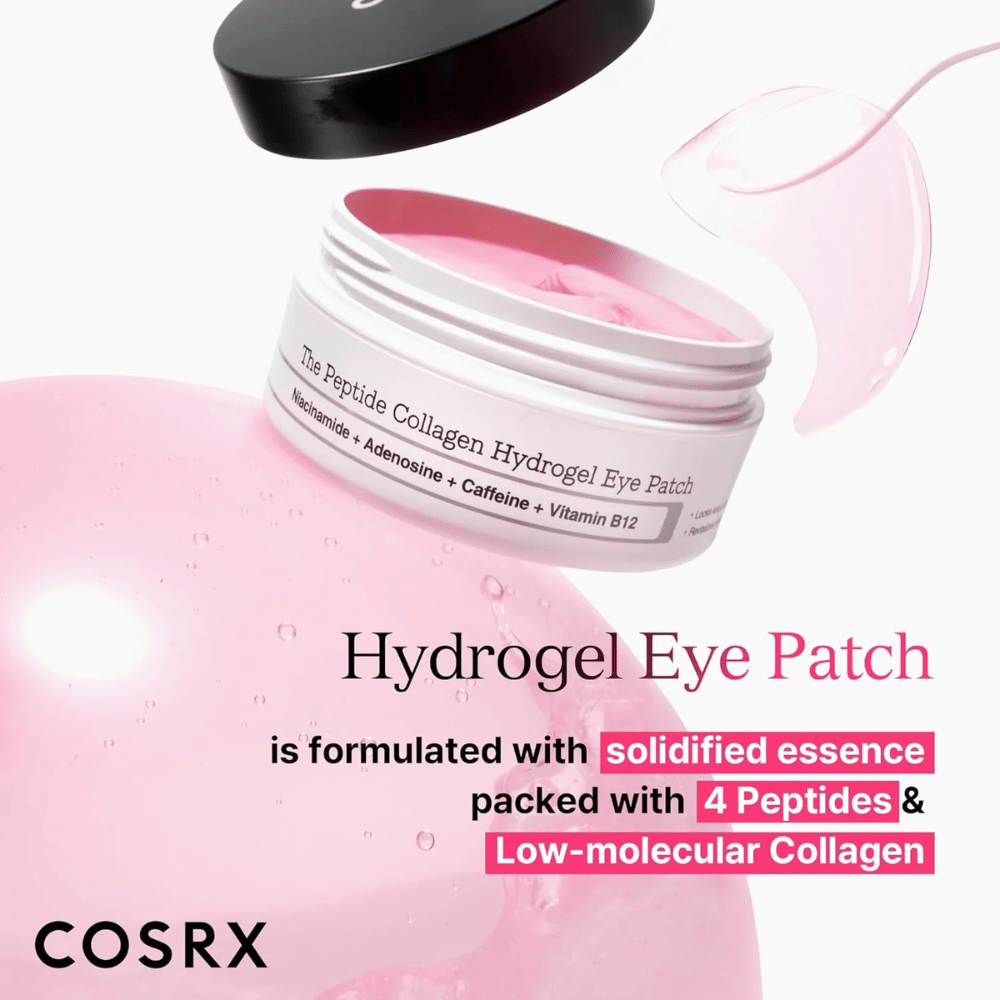 COSRX Patch pour les yeux Hydrogel avec 4 peptides et collagène de faible poids moléculaire pour une peau hydratée et ferme autour des yeux.