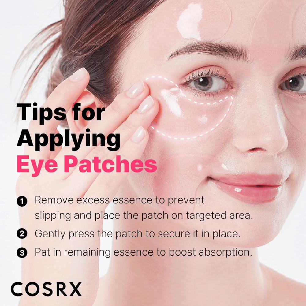 Conseils pour l'application du COSRX Peptide Collagen Eye Patch – appuyez fermement, retirez l'excès d'essence et tapotez le reste.