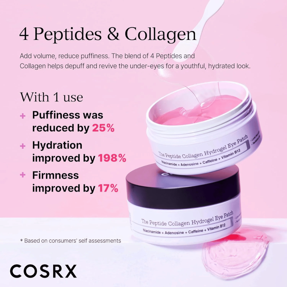 COSRX Patch pour les yeux Peptide Collagen avec 4 peptides et collagène qui réduisent le gonflement, augmentent l'hydratation de 198 % et améliorent la fermeté.