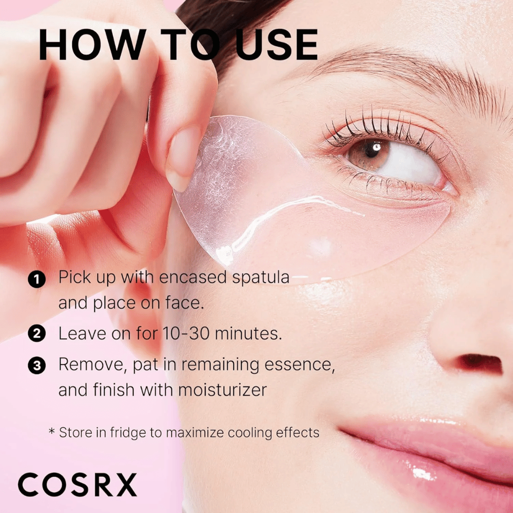 COSRX Peptide Collagen Hydrogel Eye Patch – appliquez avec une spatule, laissez agir 10-30 minutes et terminez avec une crème hydratante.