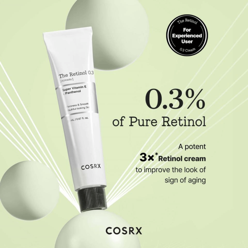COSRX The Retinol 0.3 Cream contient 0,3% de rétinol pur pour améliorer efficacement la fermeté de la peau et lisser les ridules. Enrichi en super vitamine E et en panthénol, il apporte hydratation et nutrition à la peau. Idéal pour les utilisateurs expérimentés, c'est une crème puissante qui combat les signes de l'âge et donne un éclat jeune.