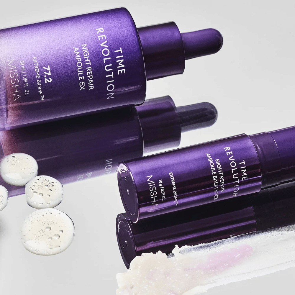 1. MISSHA Time Revolution Night Repair Ampoule 5X 50 ml – ampoule de nuit avec 77,2 % d’Extreme Biome Complex dans un flacon violet avec pipette