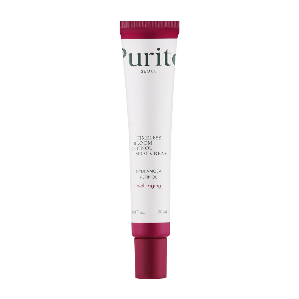 Purito Timeless Bloom Retinol Spot Cream est une crème anti-âge efficace enrichie en rétinol et en extrait d'hortensia. Elle réduit les fines lignes, améliore la fermeté de la peau et favorise un teint uniforme. Parfait pour un soin ciblé et le bien-être de la peau.