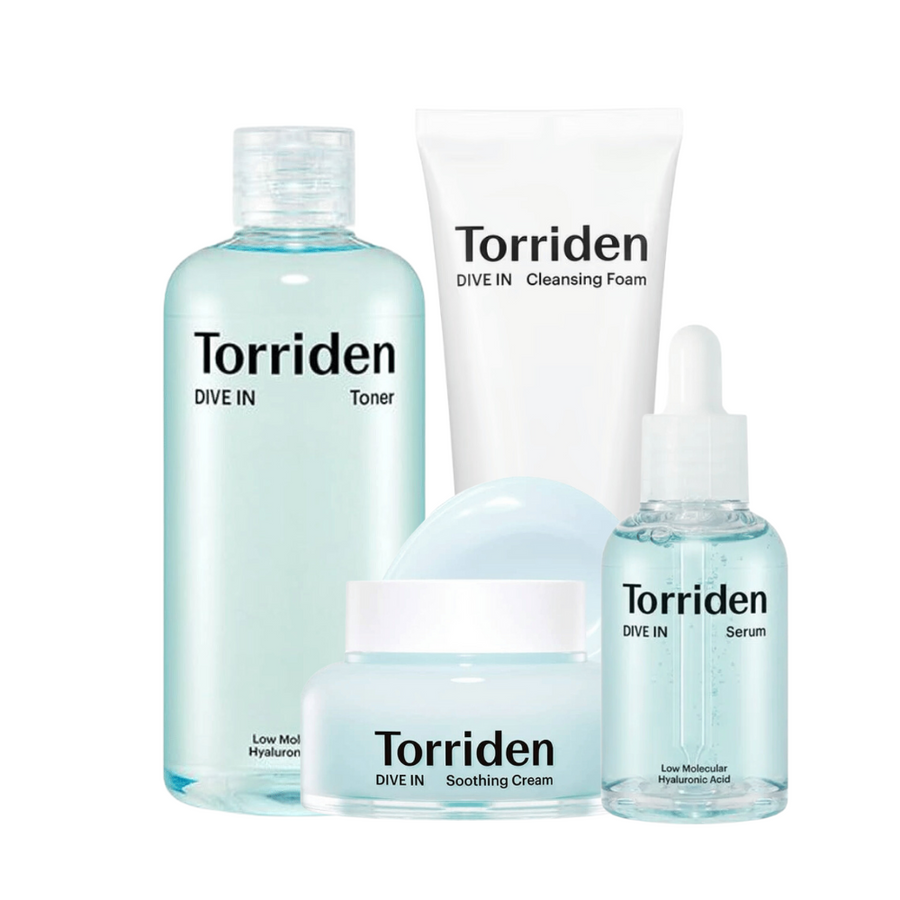 En samling av Torriden skönhetsprodukter i turkos färg, inklusive toner, rengöringsskum, lugnande kräm och serum med hyaluronsyra.